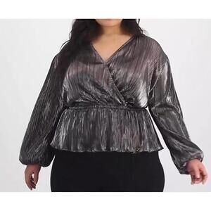 On 34th Plus Size Plisse Surplice-Neck Peplum Top Plus 2X Black / Gunmetal